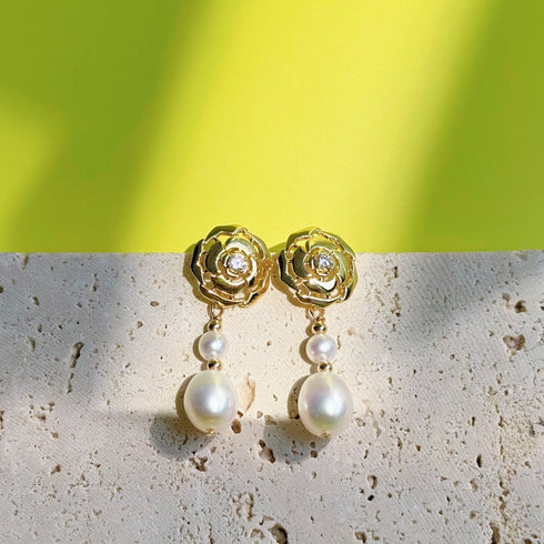 Camellia Pearl Long Drop Earrings
